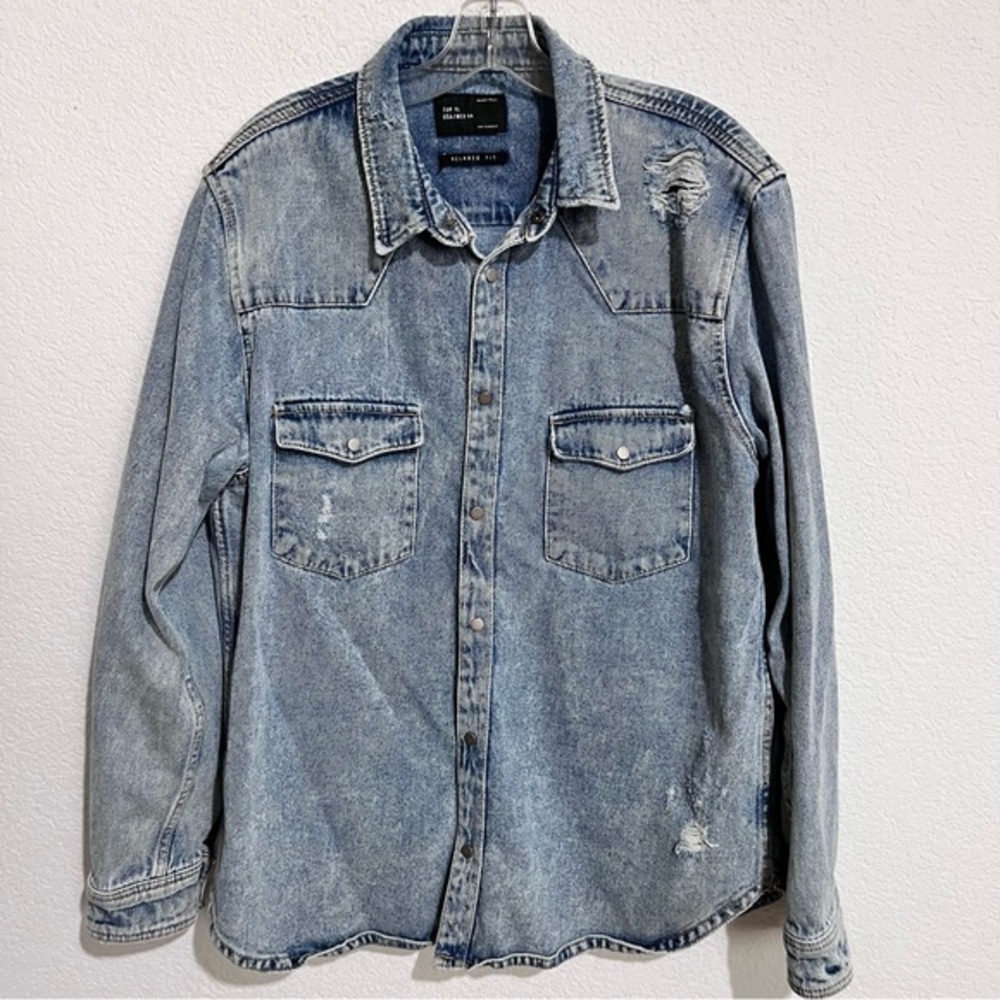 Zara Man Heavy Duty Distressed Denim Jean Jacket Shirt Shacket Relaxed Fit XL